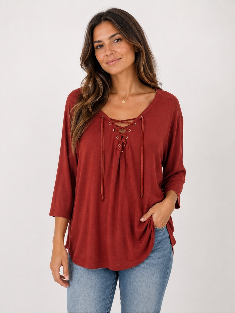 INC International Concepts Lace-Up Tunic Top – Rust/Burgundy – XL